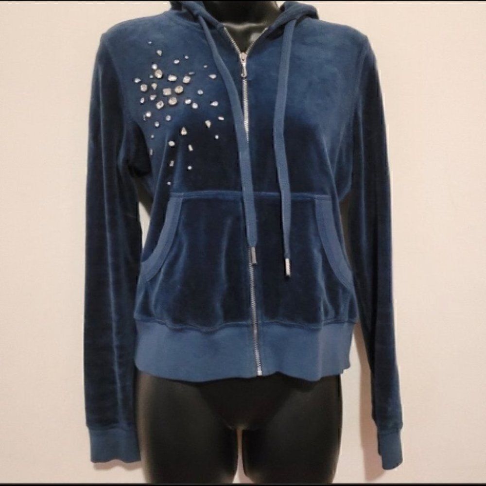 Juicy Couture Velour Track Pant Jacket. Dark Blue with Rhinestones. Size Med